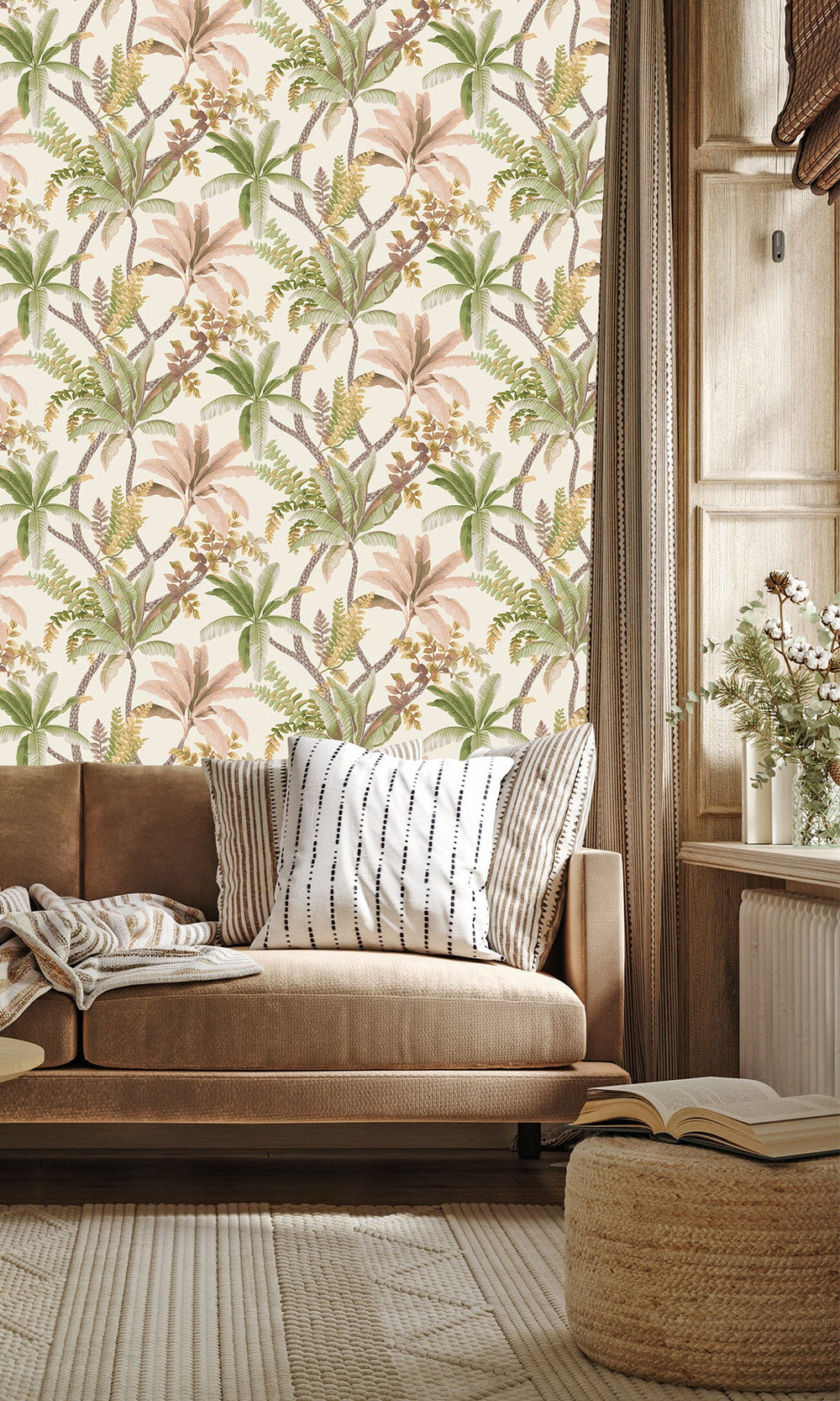 Sage/Coral Serene Tropical Oasis Wallpaper R9602