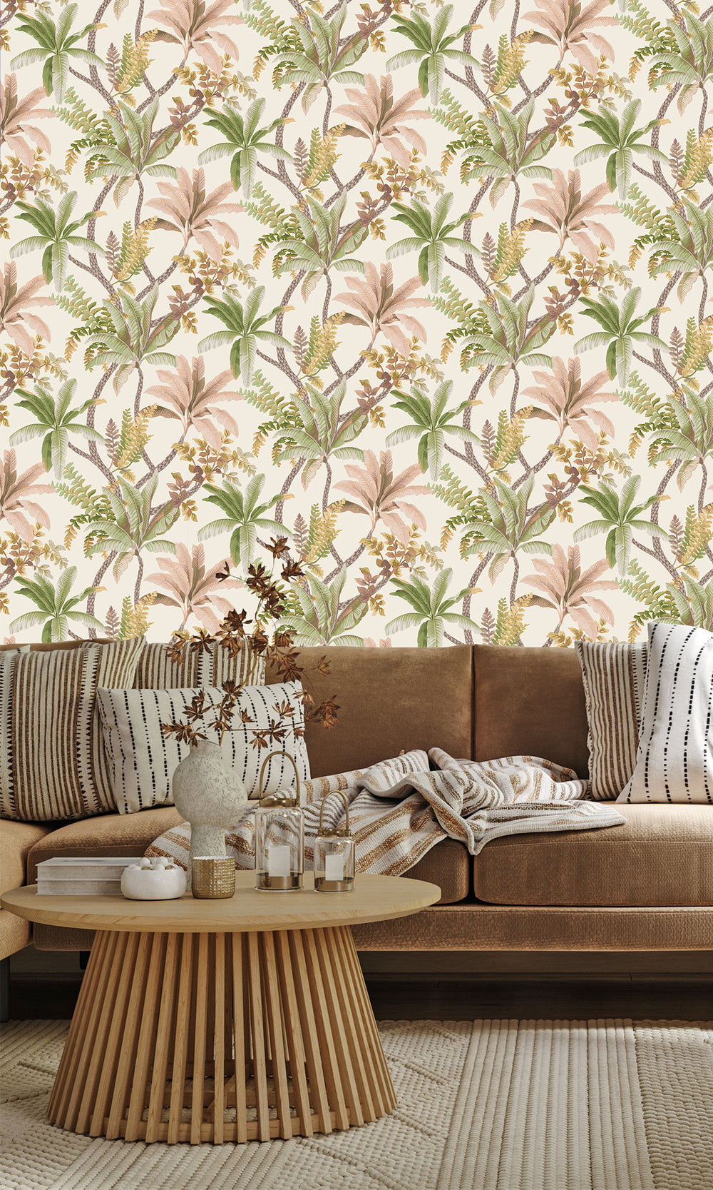 Sage/Coral Serene Tropical Oasis Wallpaper R9602