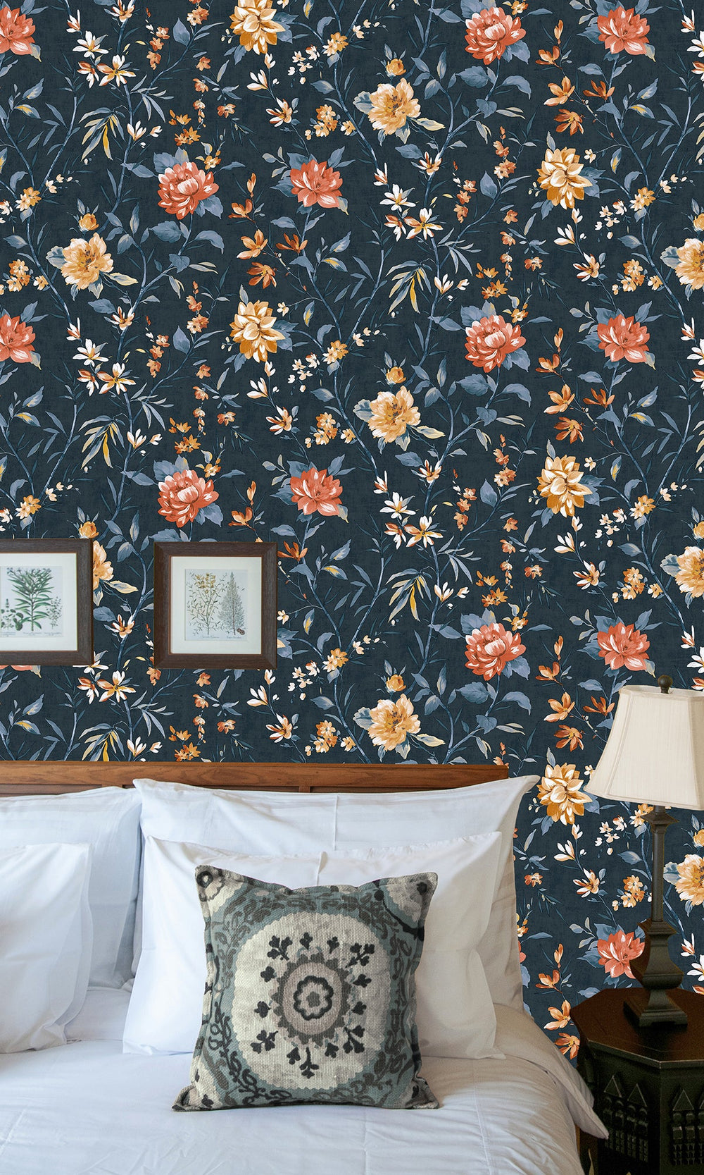 Navy Trailing Camelia Flowers Wallpaper R9614