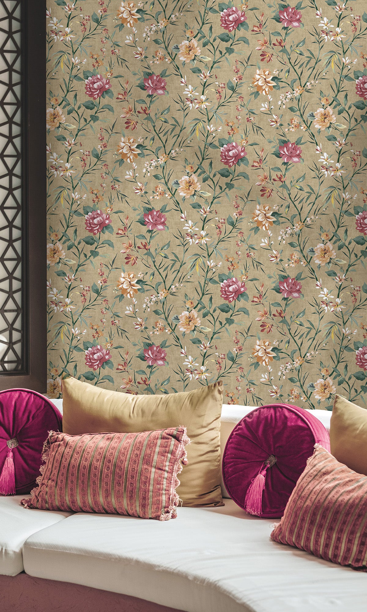 Taupe Trailing Camelia Flowers Wallpaper R9615