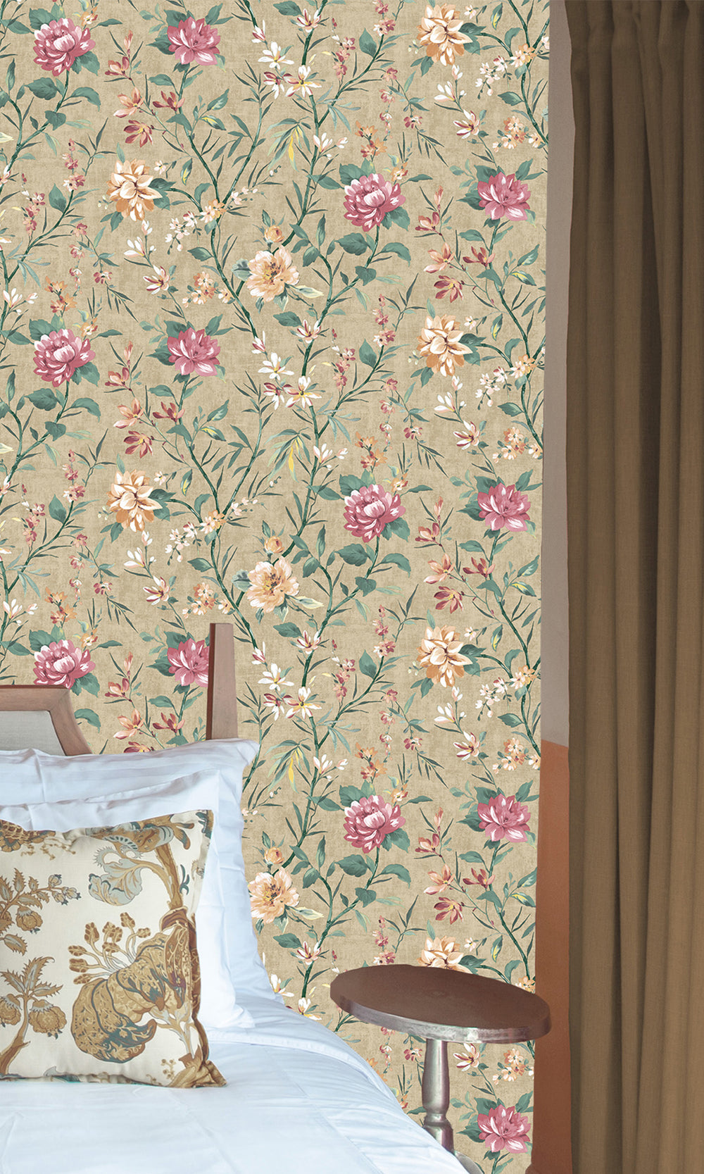 Taupe Trailing Camelia Flowers Wallpaper R9615