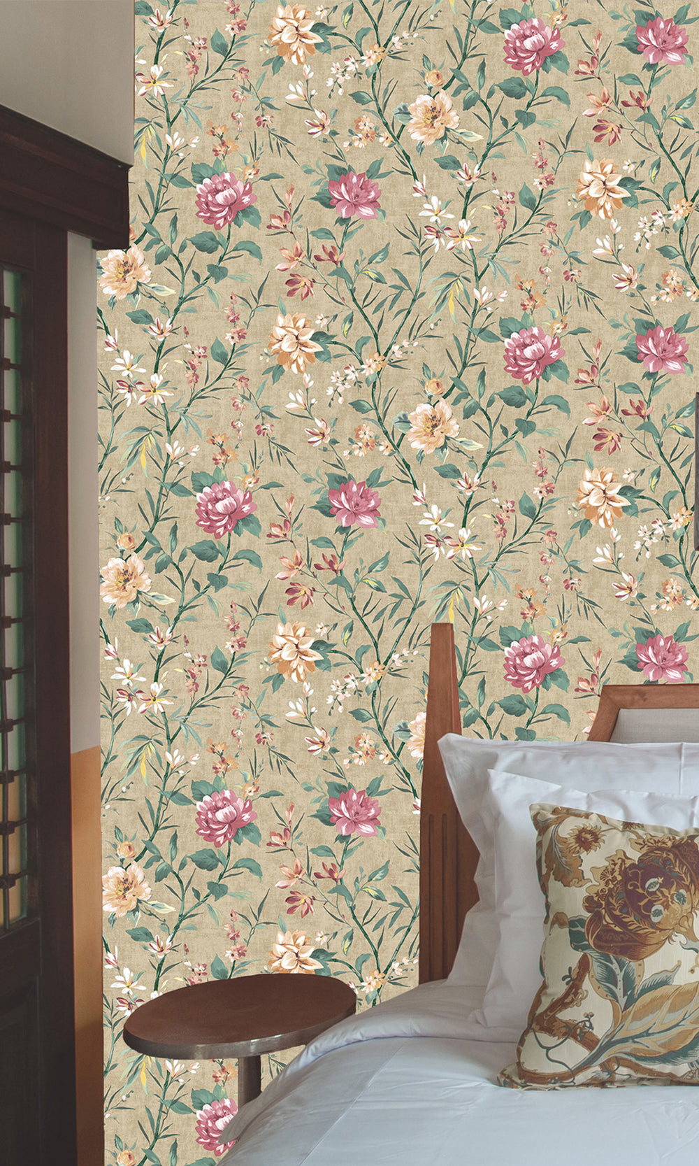 Taupe Trailing Camelia Flowers Wallpaper R9615