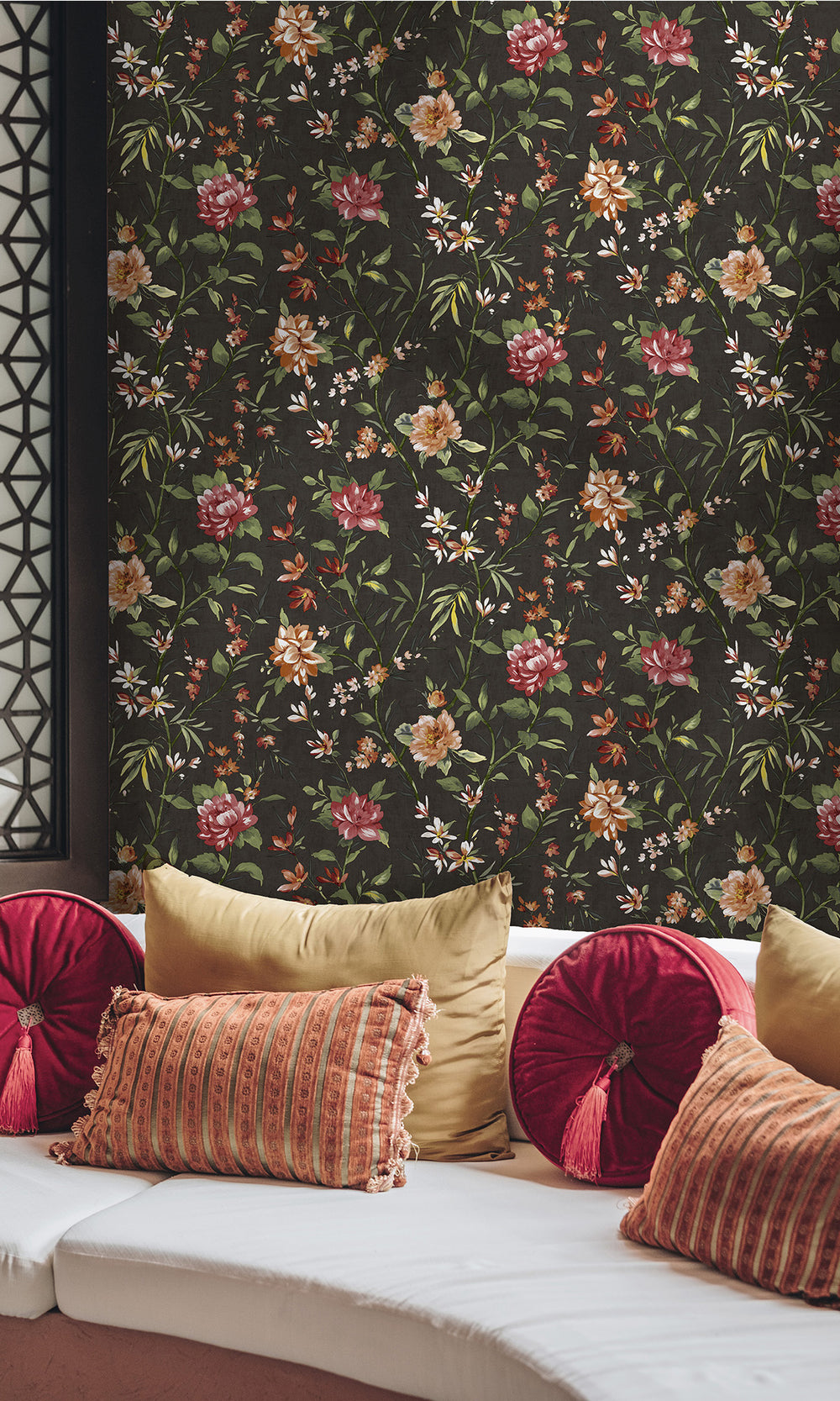 Charcoal Trailing Camelia Flowers Wallpaper R9616