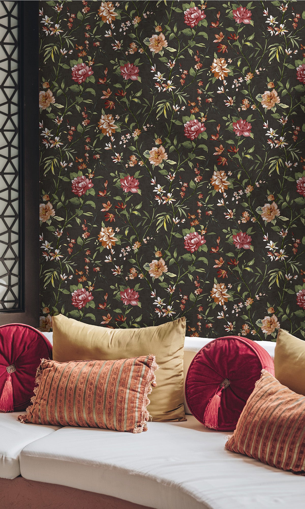 Charcoal Trailing Camelia Flowers Wallpaper R9616