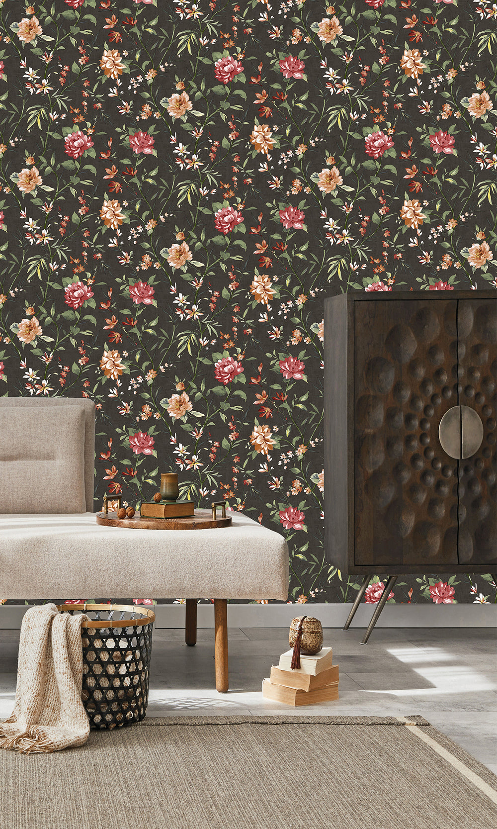 Charcoal Trailing Camelia Flowers Wallpaper R9616