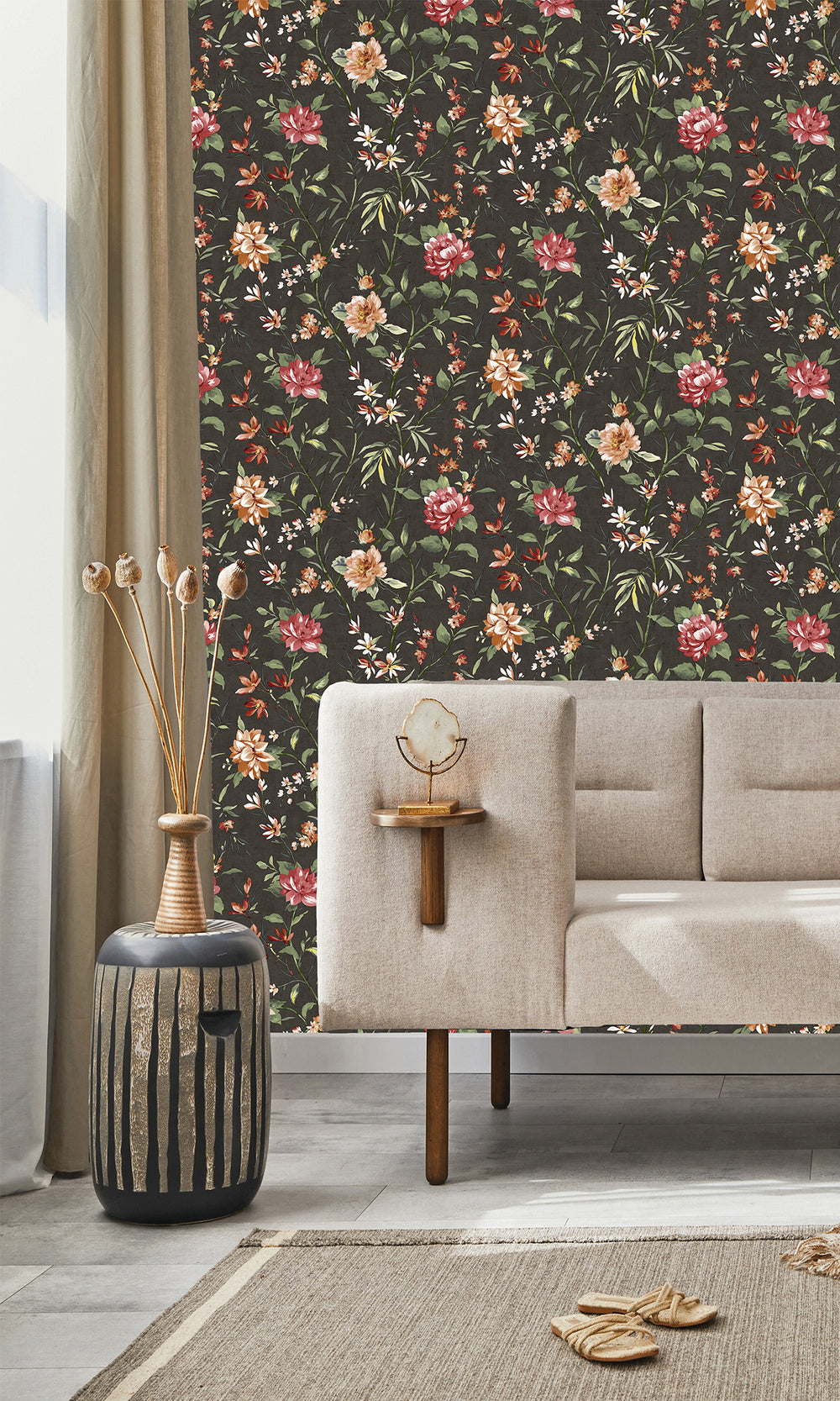 Charcoal Trailing Camelia Flowers Wallpaper R9616