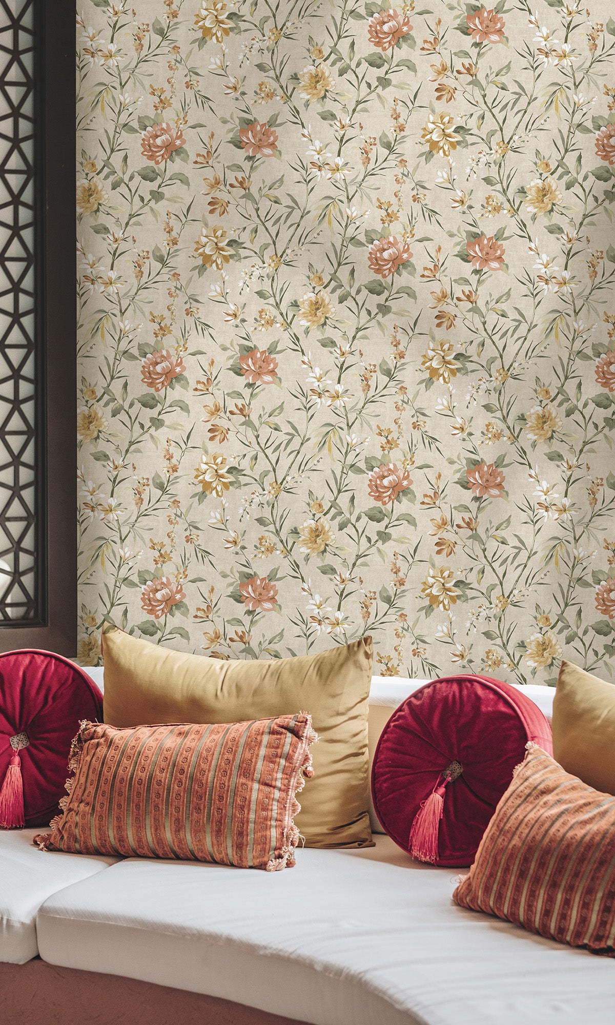 Neutral/Orange Trailing Camelia Flowers Wallpaper R9617