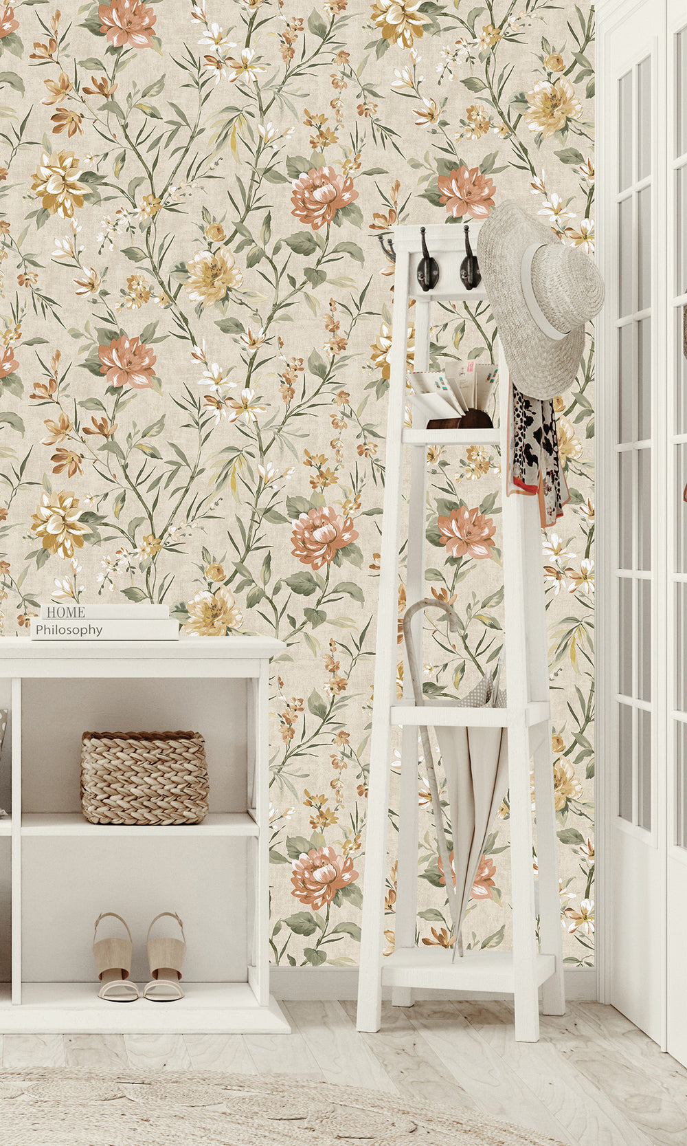 Neutral/Orange Trailing Camelia Flowers Wallpaper R9617