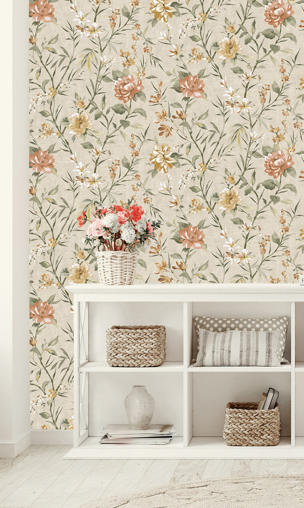 Neutral/Orange Trailing Camelia Flowers Wallpaper R9617