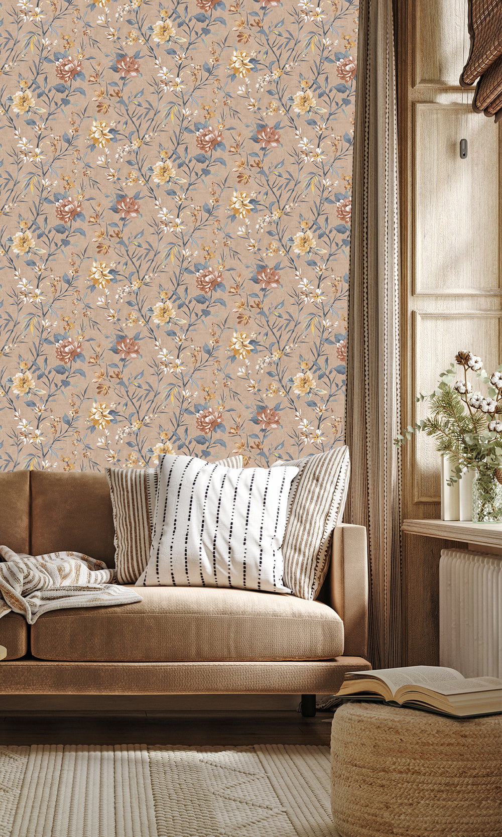 Coral Trailing Camelia Flowers Wallpaper R9618