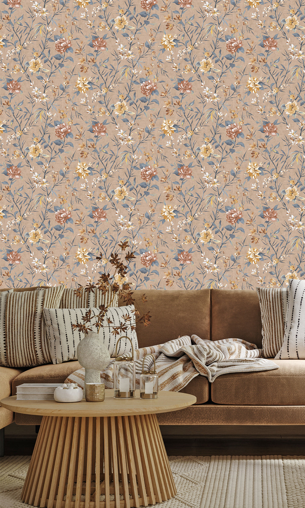 Coral Trailing Camelia Flowers Wallpaper R9618