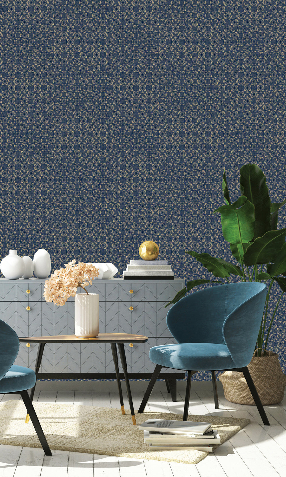 Navy Radial Sun Motif Wallpaper R9625
