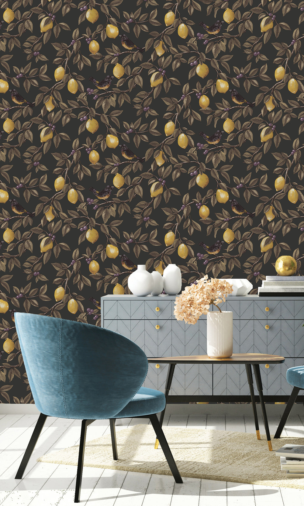 Charcoal Golden Lemon Trail Wallpaper R9634