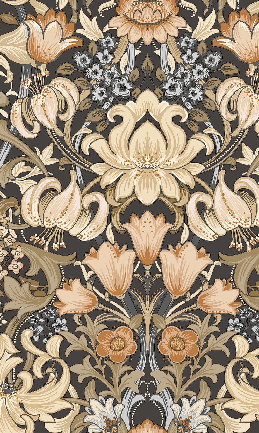 Charcoal and Orange Elegant Floral Damask Wallpaper R9635