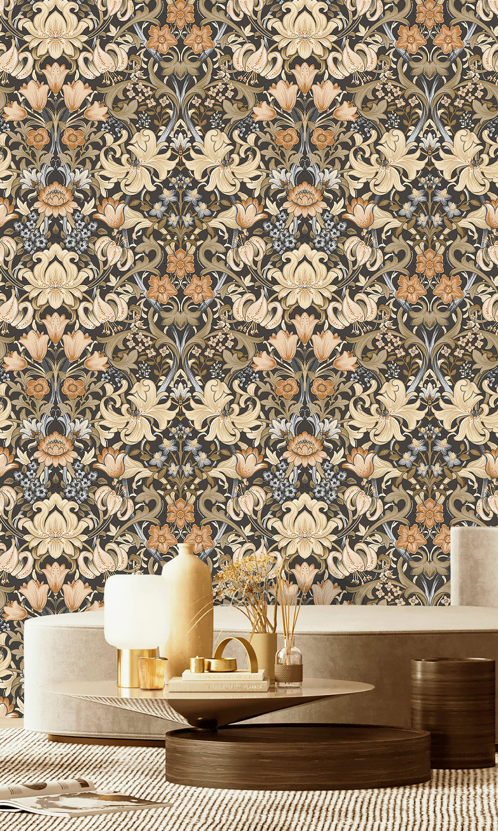 Charcoal and Orange Elegant Floral Damask Wallpaper R9635