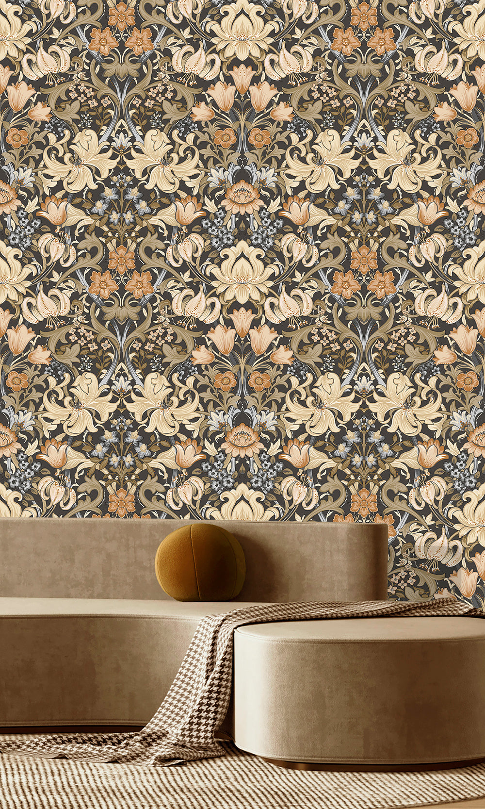 Charcoal and Orange Elegant Floral Damask Wallpaper R9635