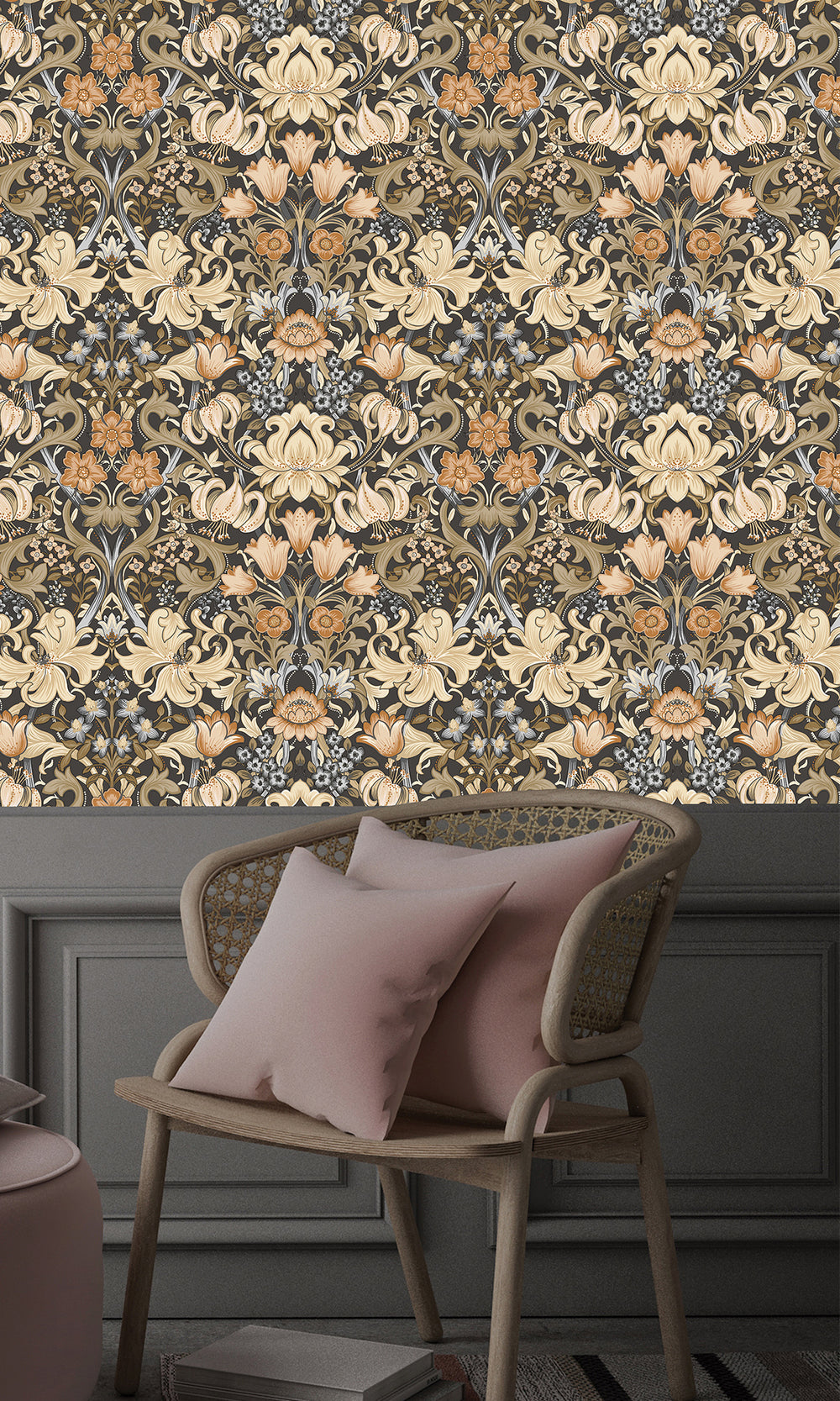 Charcoal and Orange Elegant Floral Damask Wallpaper R9635