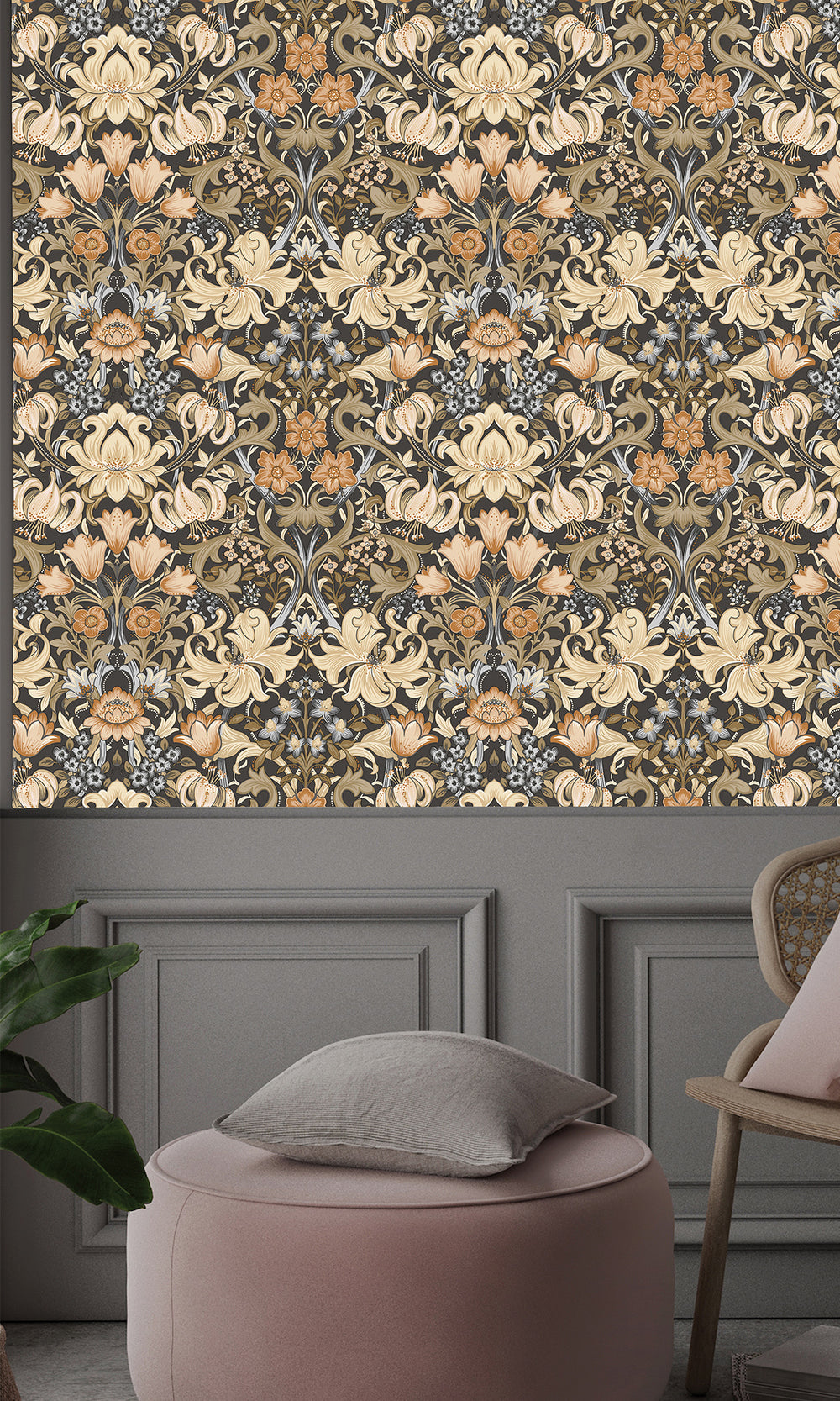 Charcoal and Orange Elegant Floral Damask Wallpaper R9635