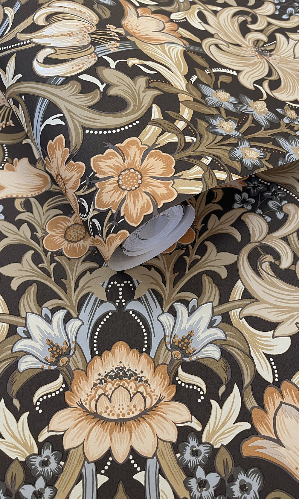 Charcoal and Orange Elegant Floral Damask Wallpaper R9635