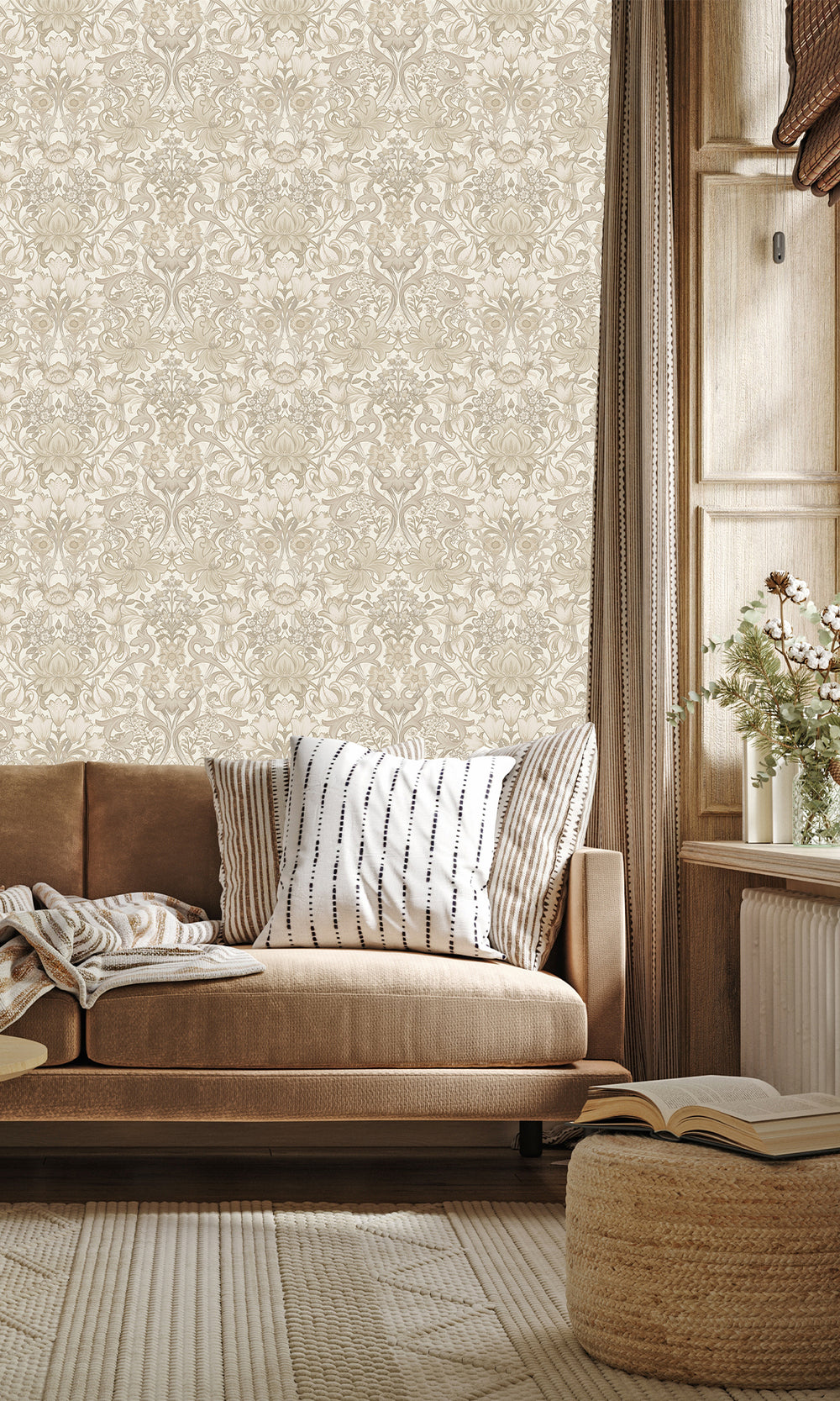 Neutral Elegant Floral Damask Wallpaper R9636