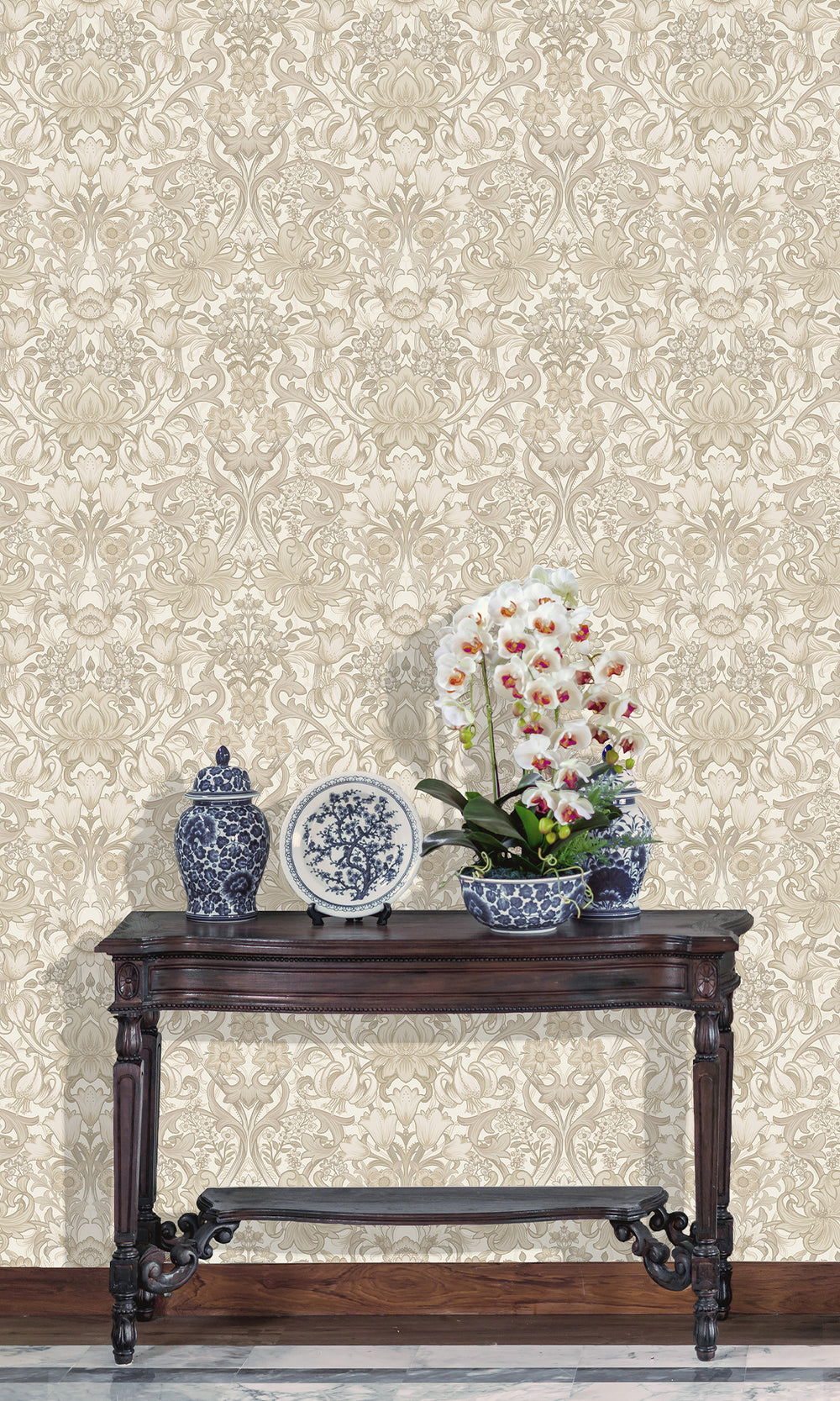 Neutral Elegant Floral Damask Wallpaper R9636