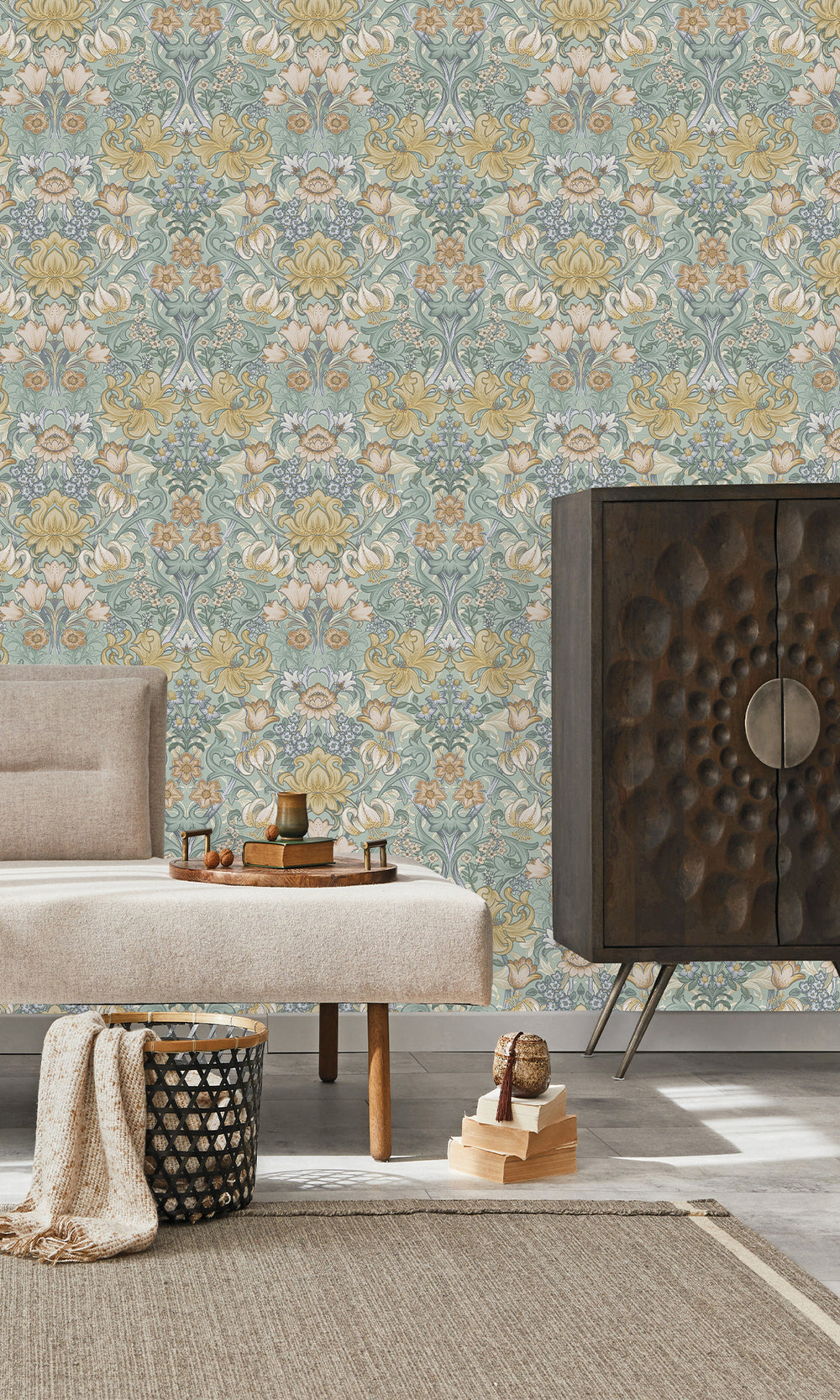 Aqua Multi Elegant Floral Damask Wallpaper R9639