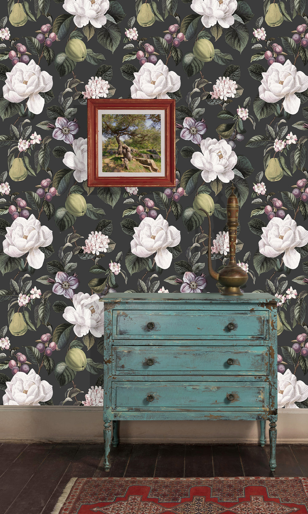 Charcoal Pear & Blossom Elegance Wallpaper R9641