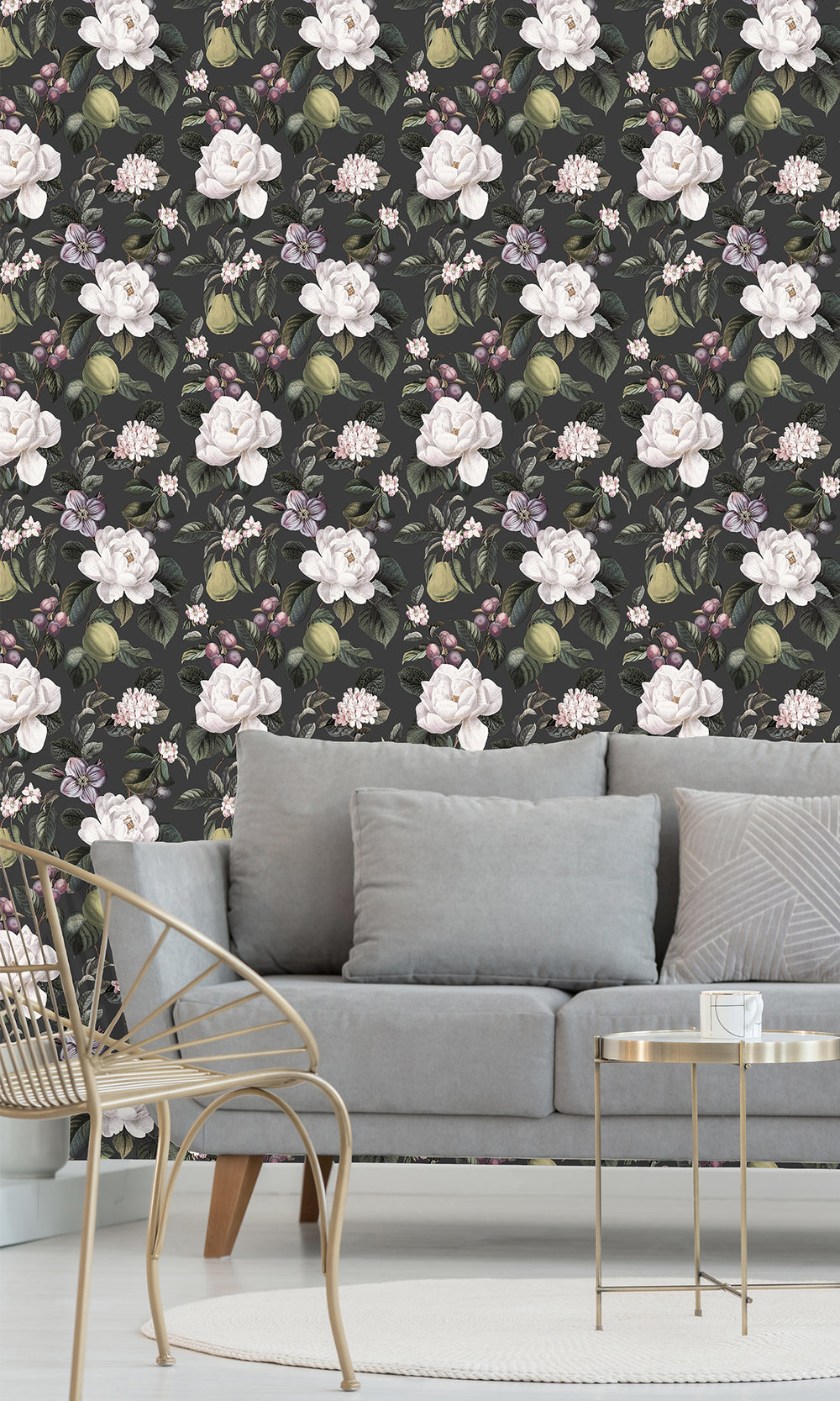 Charcoal Pear & Blossom Elegance Wallpaper R9641