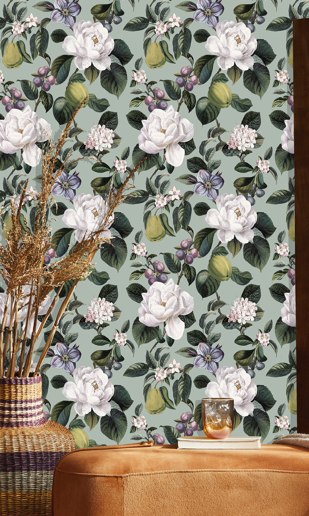 Aqua Pear & Blossom Elegance Wallpaper R9642