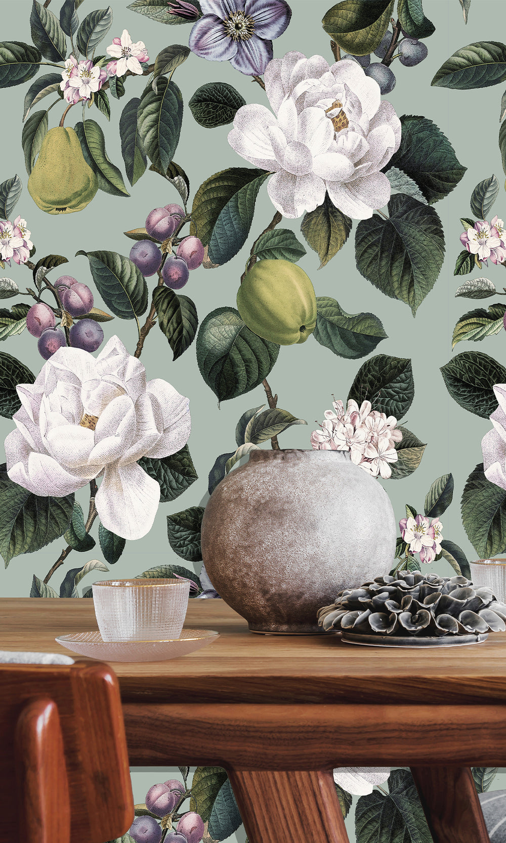Aqua Pear & Blossom Elegance Wallpaper R9642