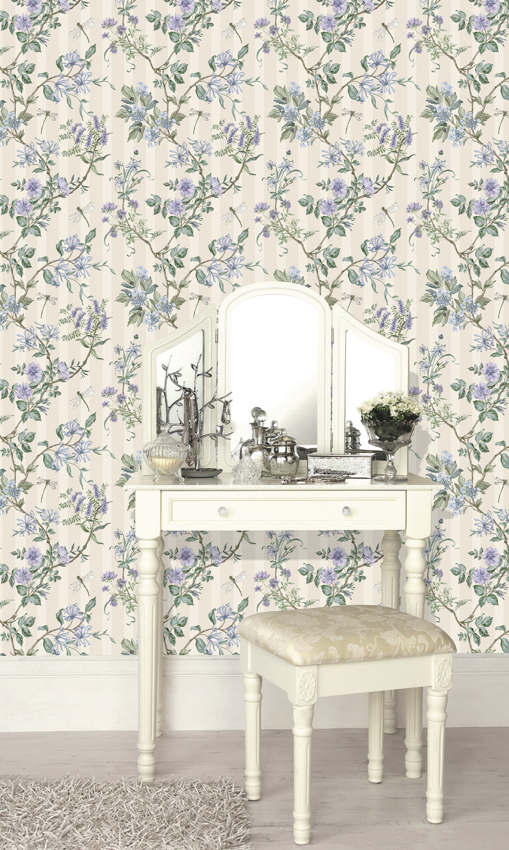 Neutral Blue Spring Meadow Floral Trail Wallpaper R9649