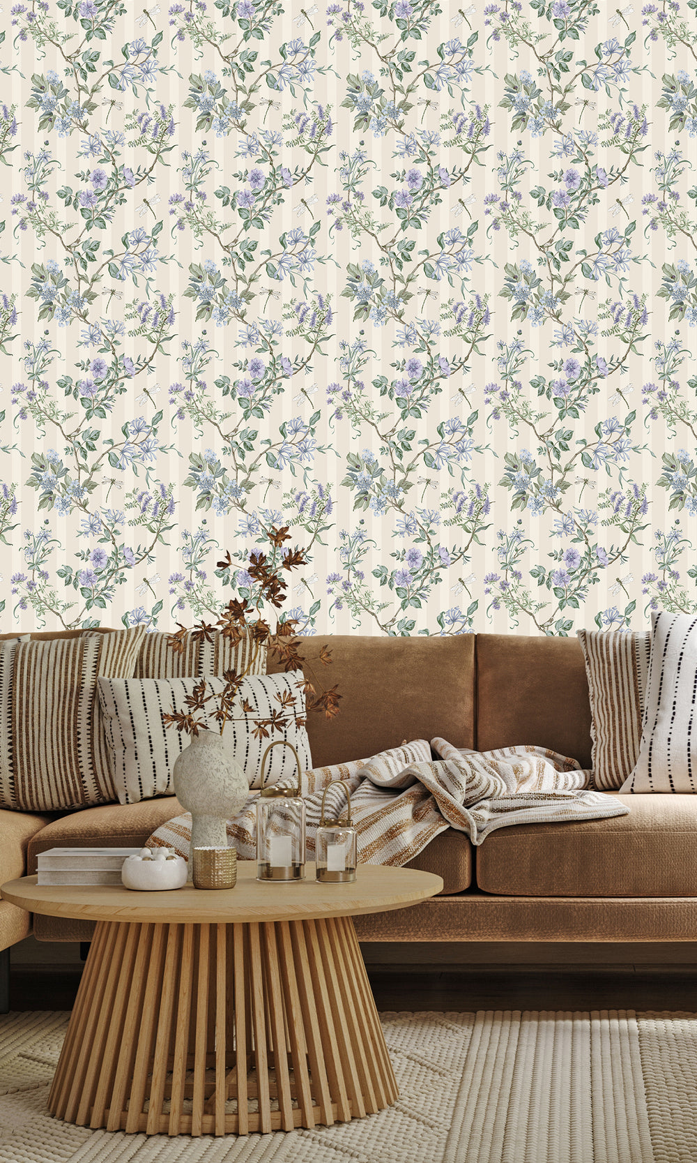 Neutral Blue Spring Meadow Floral Trail Wallpaper R9649