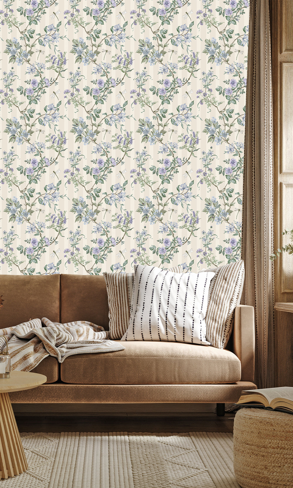 Neutral Blue Spring Meadow Floral Trail Wallpaper R9649