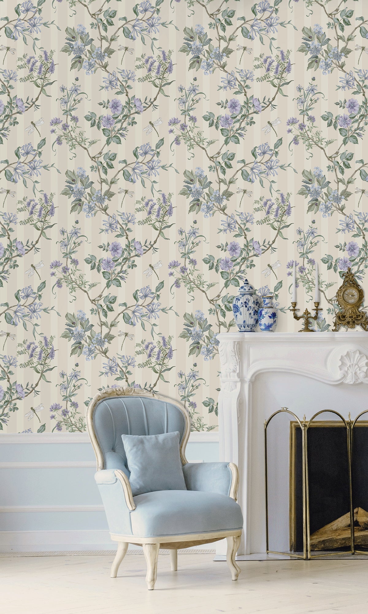 Neutral Blue Spring Meadow Floral Trail Wallpaper R9649