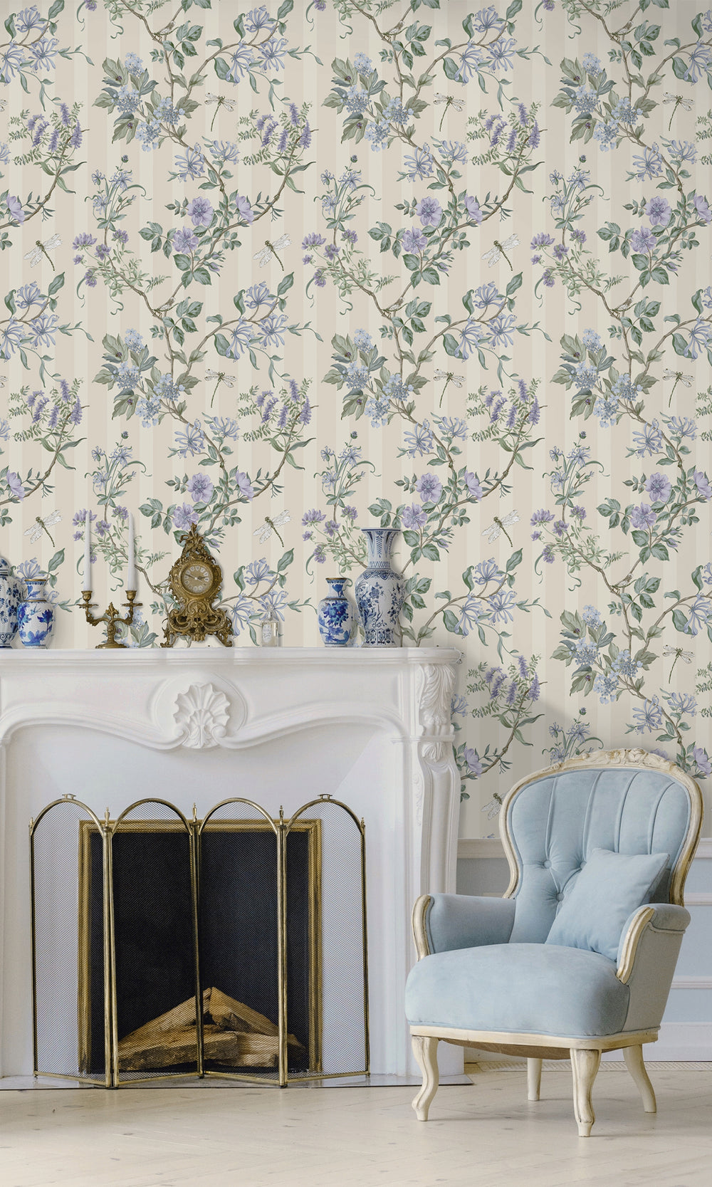 Neutral Blue Spring Meadow Floral Trail Wallpaper R9649