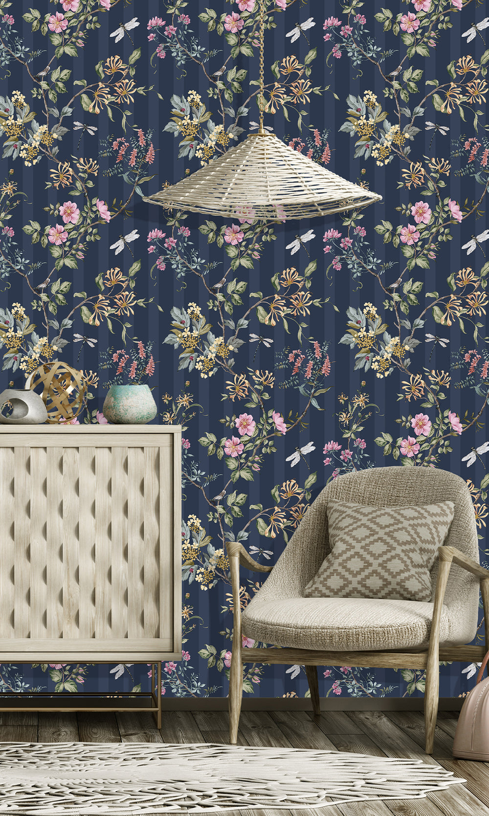 Navy Multi Spring Meadow Floral Trail Wallpaper R9651