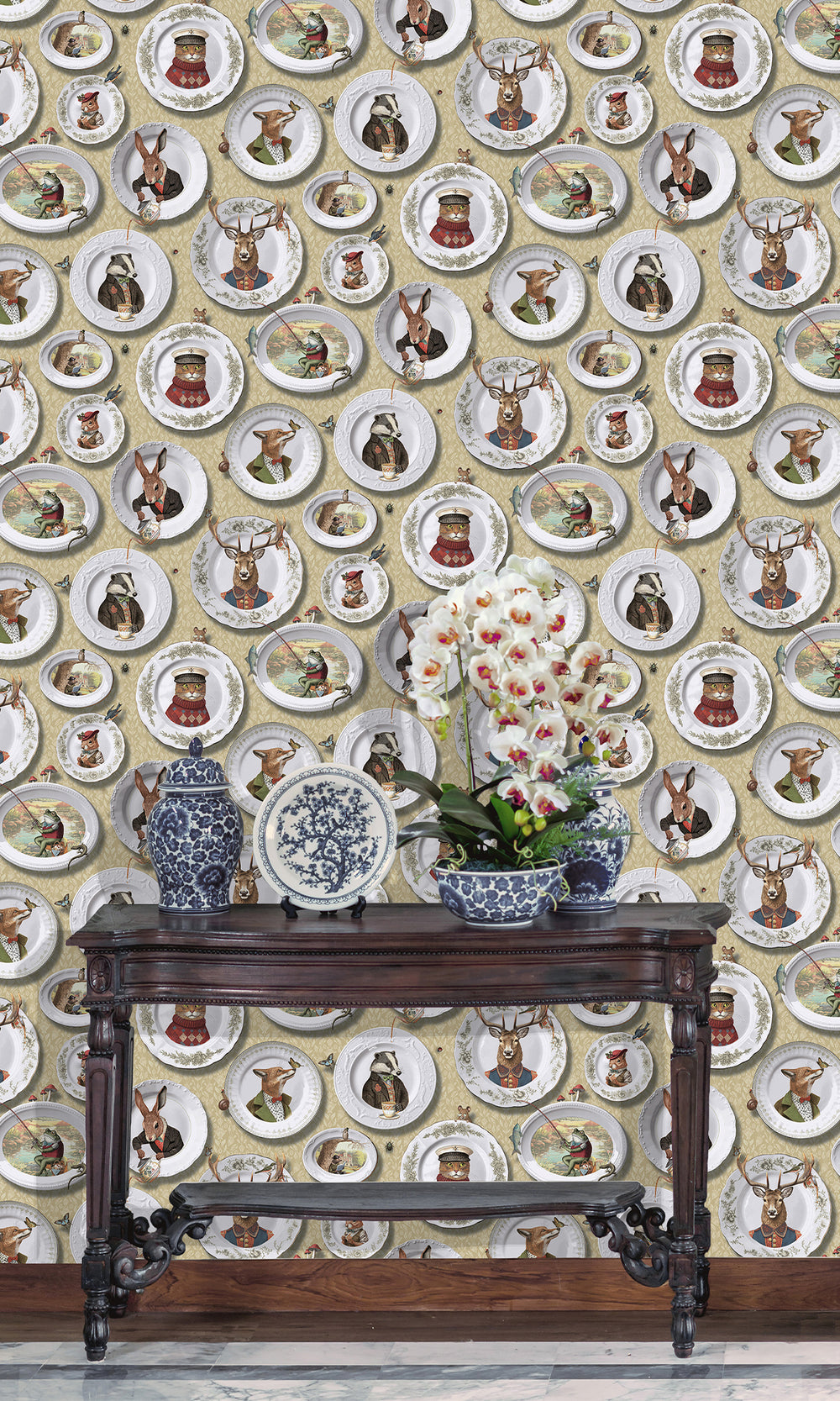 Ochre Whimsical Damask Wallpaper R9659