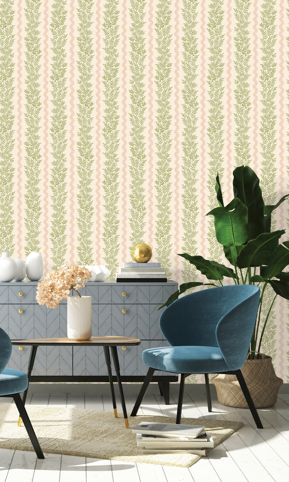 Cream Blush Floral Stripe Wallpaper R9667