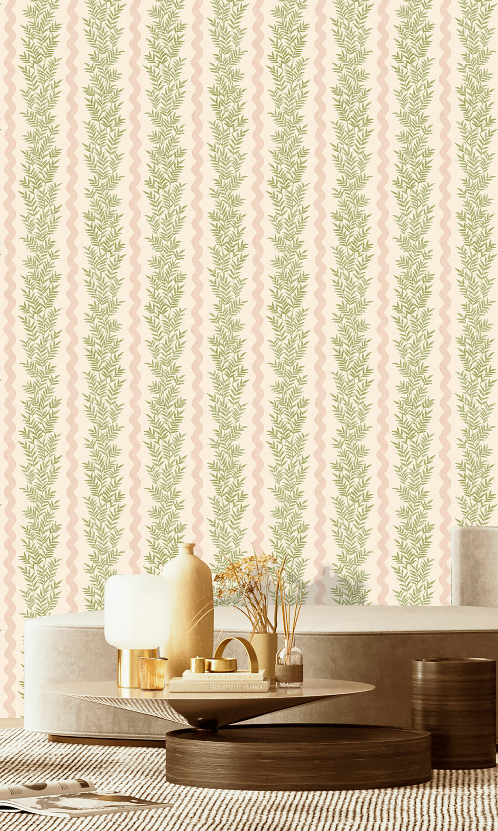 Cream Blush Floral Stripe Wallpaper R9667