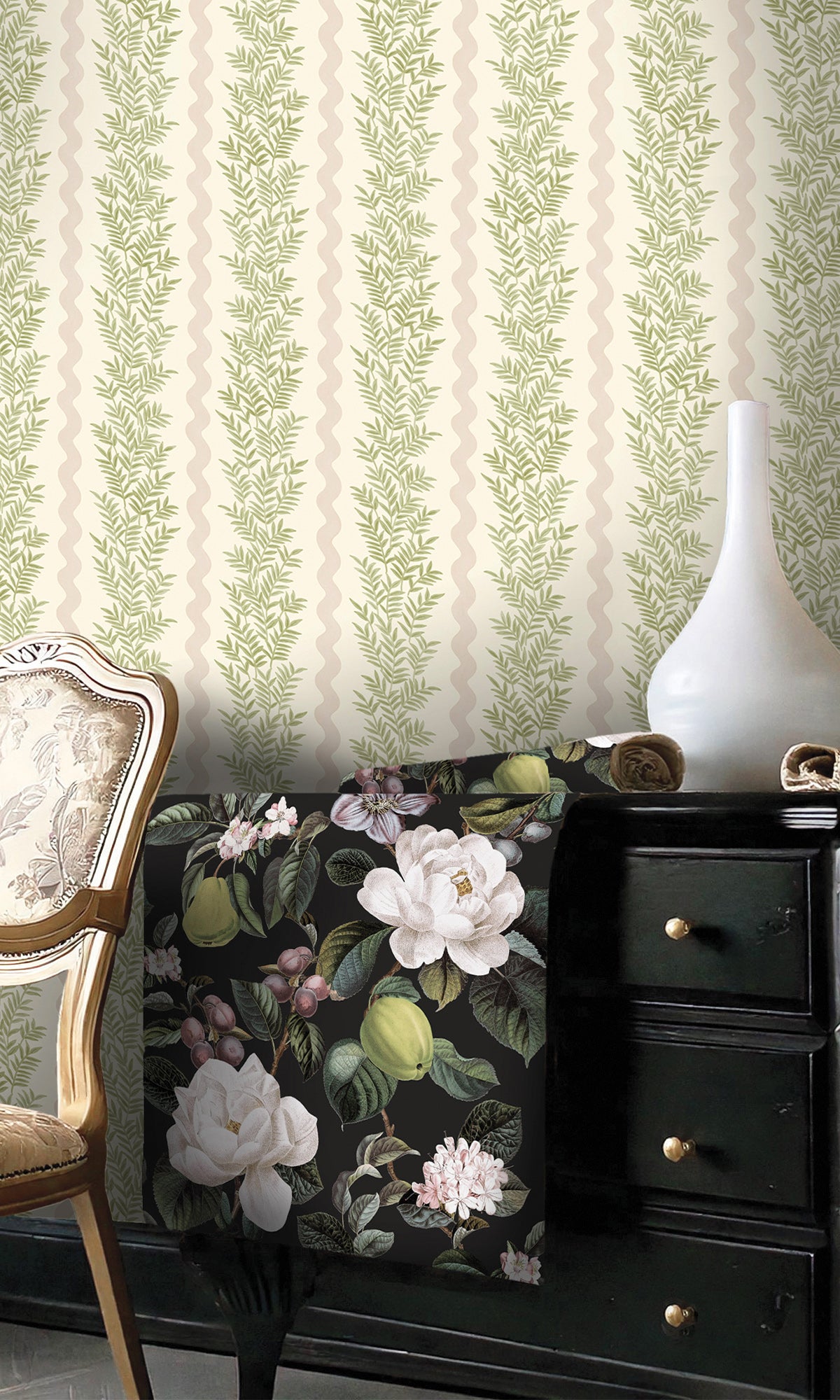 Cream Blush Floral Stripe Wallpaper R9667