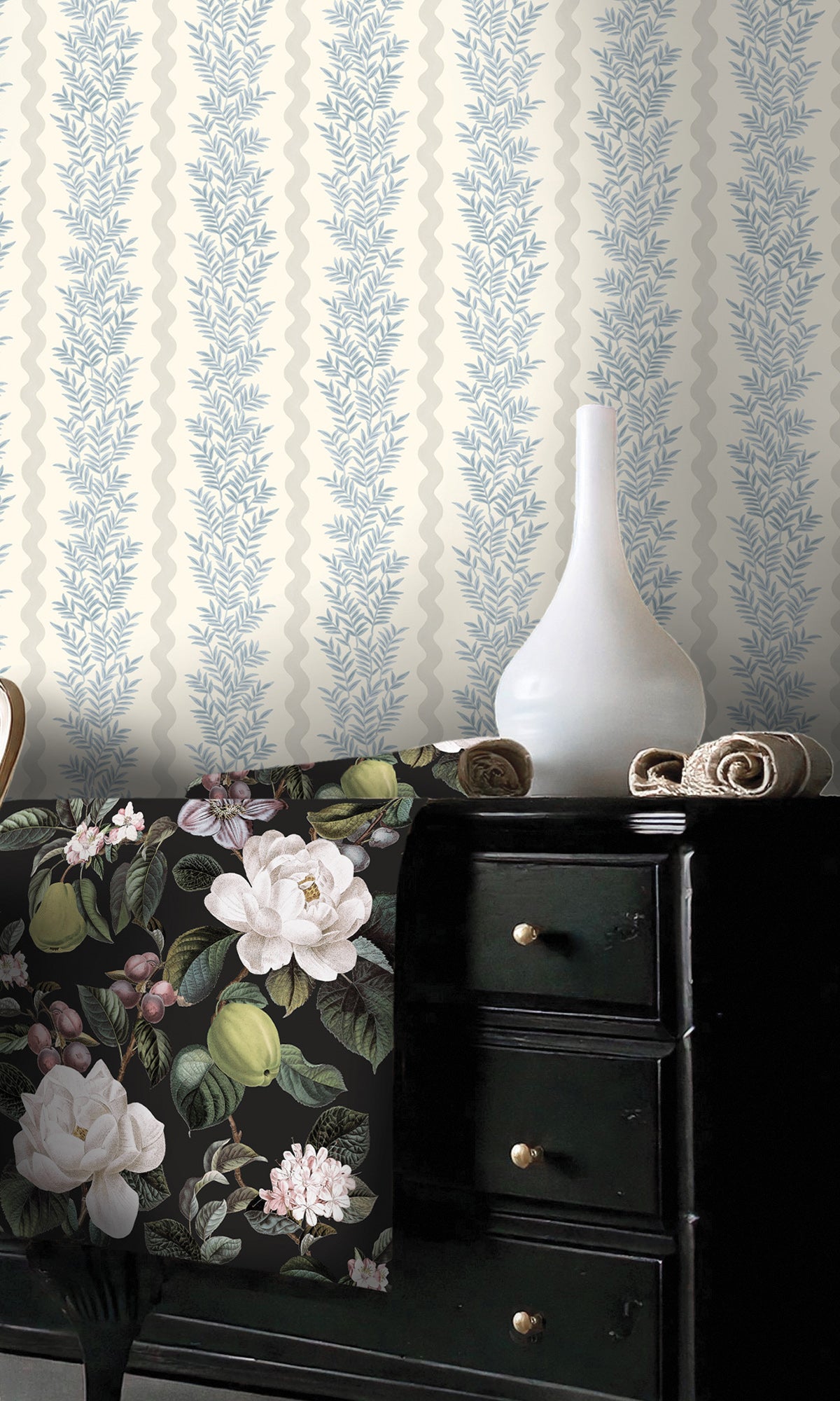 Neutral Blue Floral Stripe Wallpaper R9668