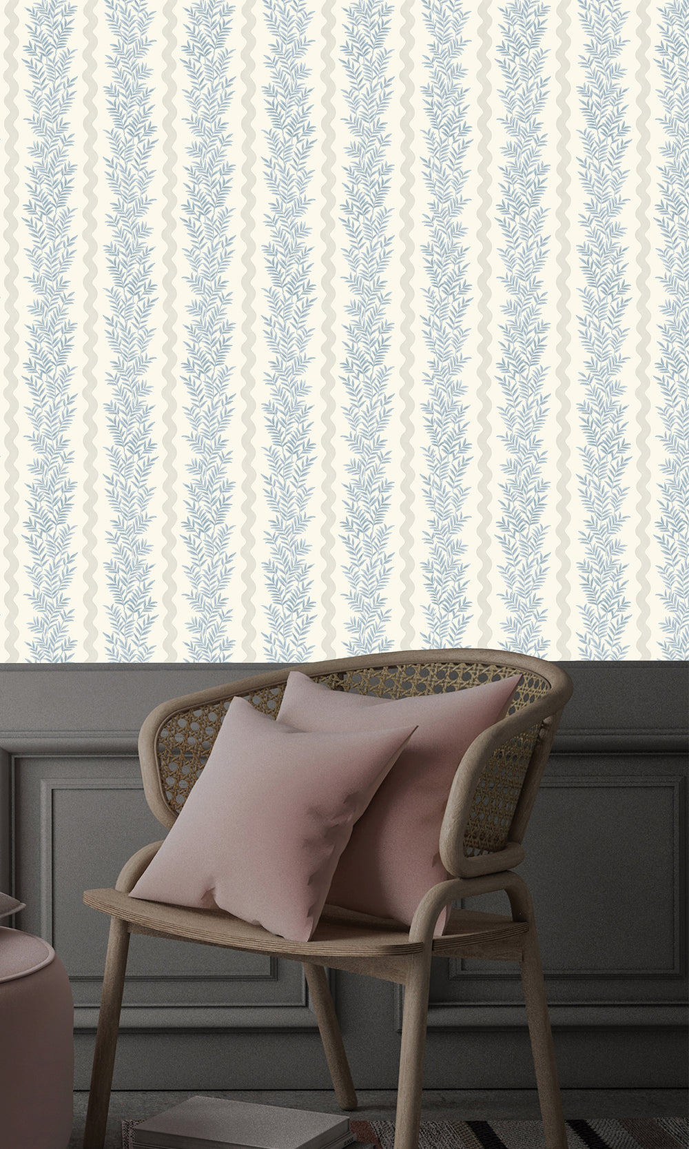 Neutral Blue Floral Stripe Wallpaper R9668