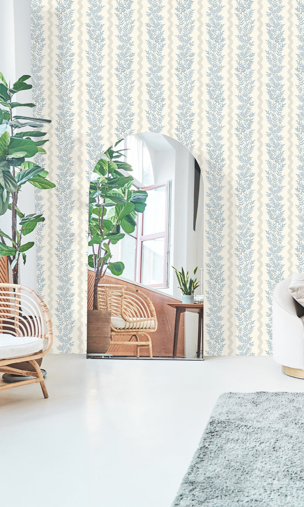 Neutral Blue Floral Stripe Wallpaper R9668