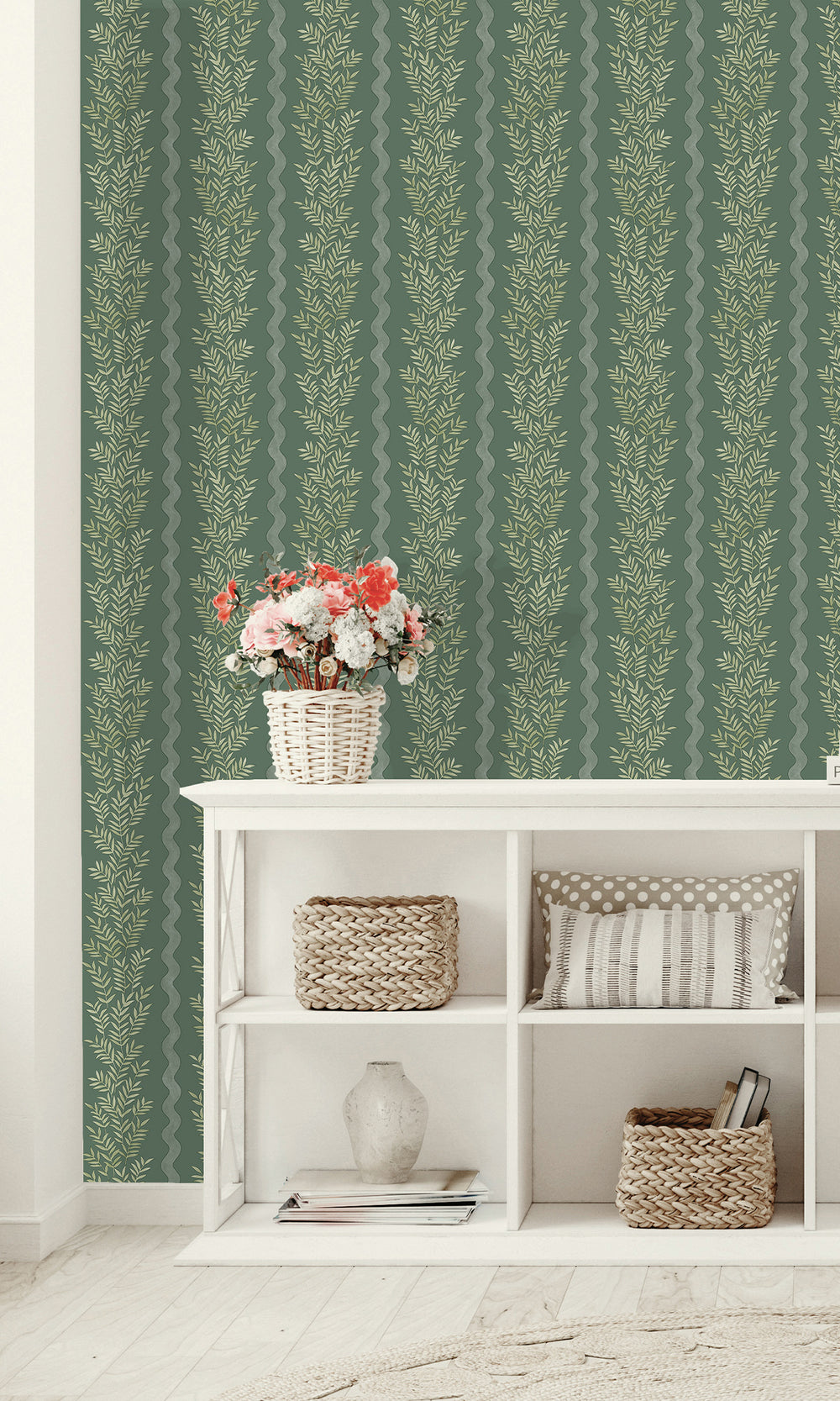 Green Floral Stripe Wallpaper R9670