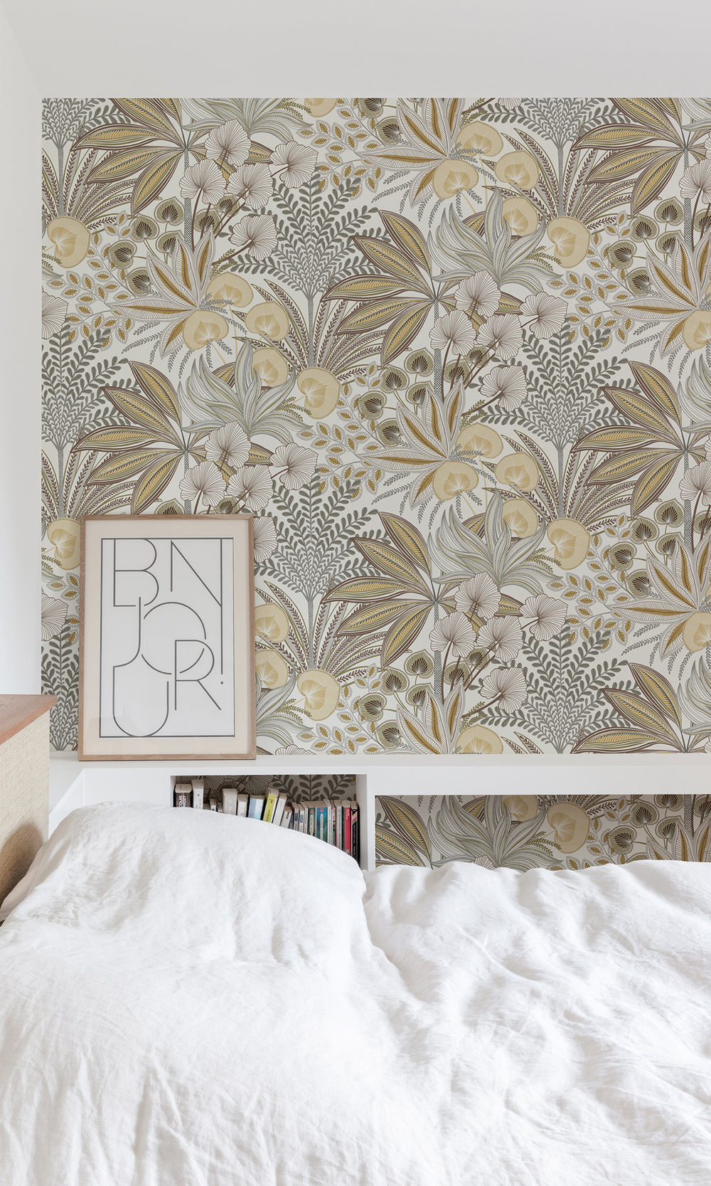 Grain Brown Tropical Ferns and Flowers Wallpaper R9727