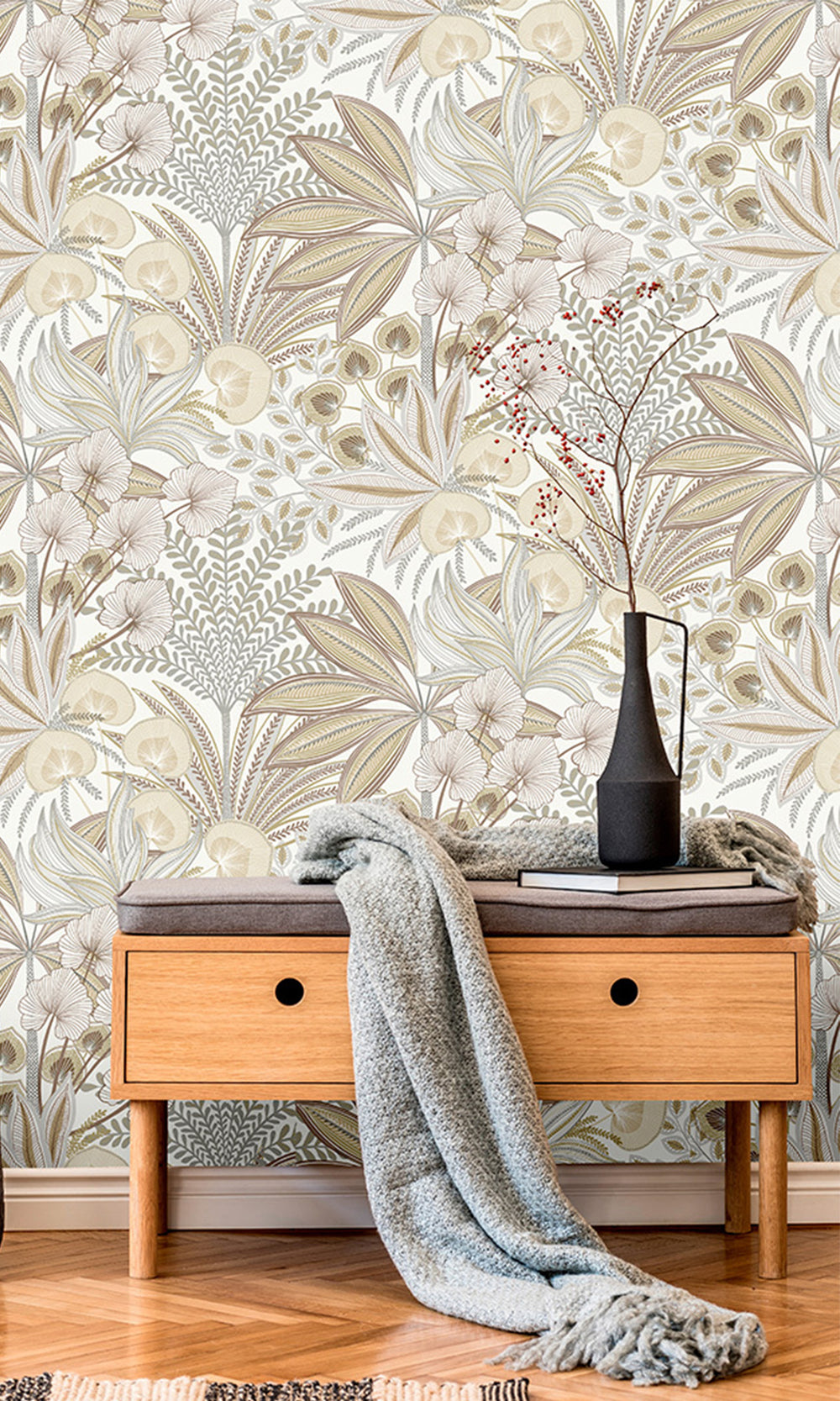 Grain Brown Tropical Ferns and Flowers Wallpaper R9727