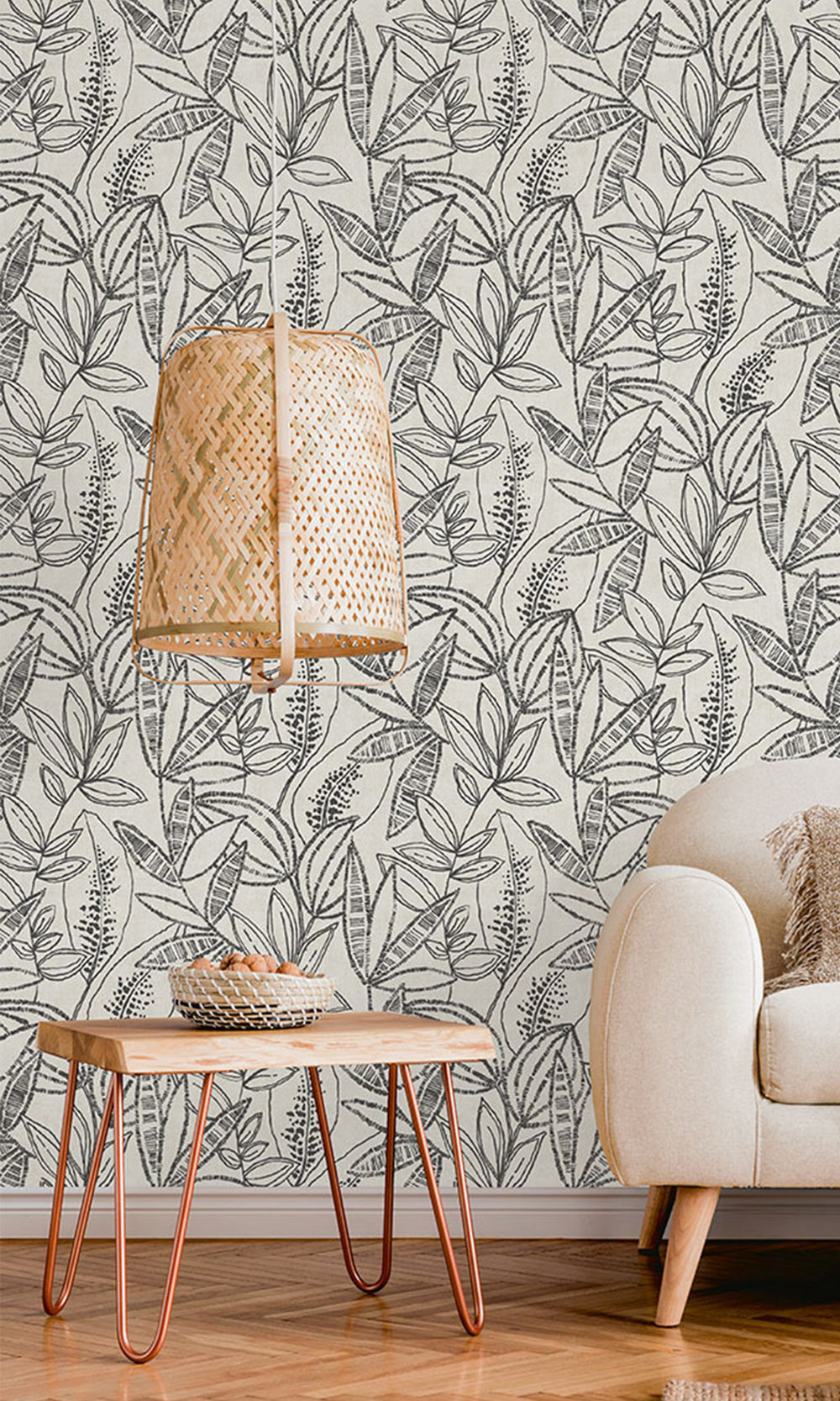 White Black All-over Print of Branches/Leaves Wallpaper R9735