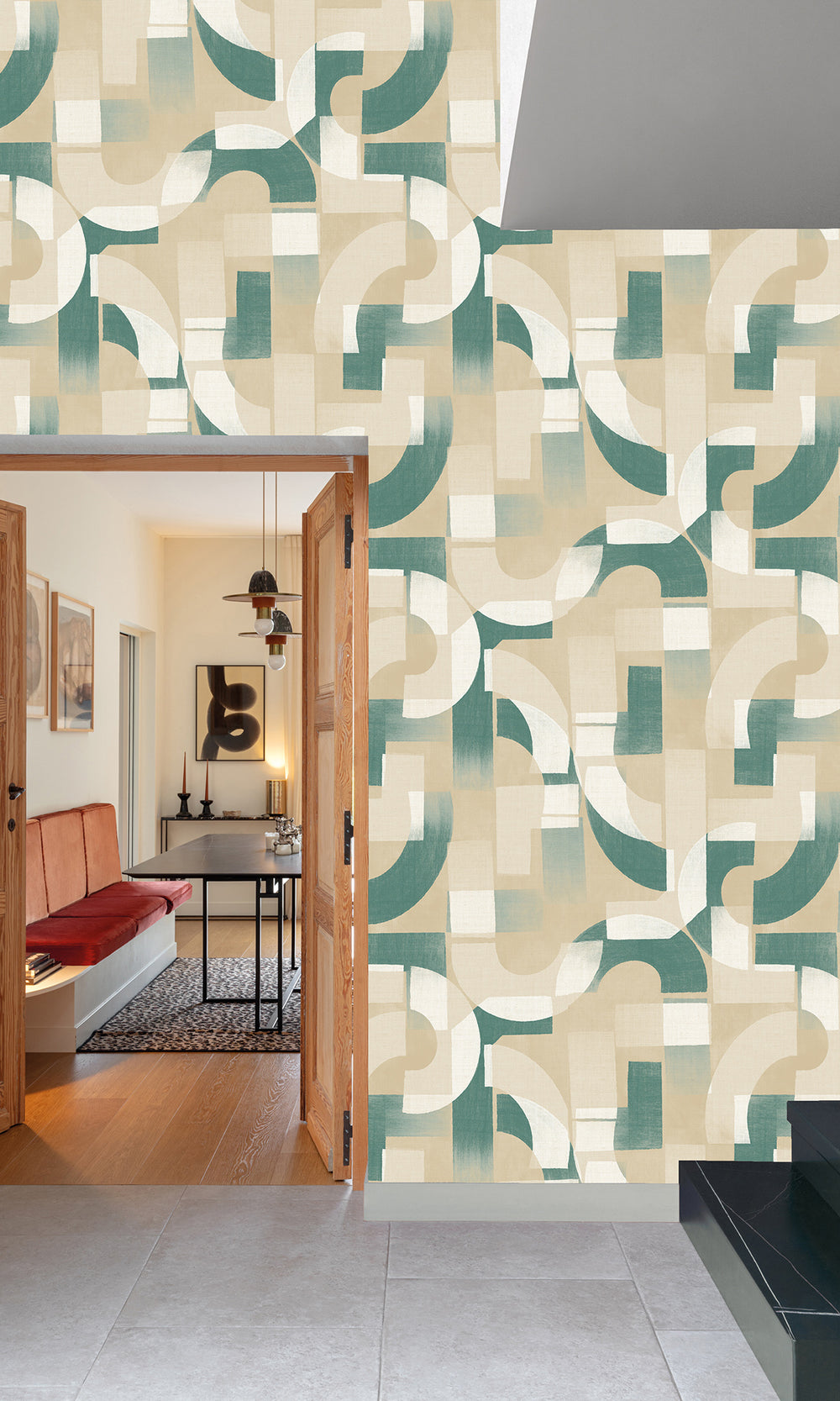 Bone/Viridian Green Geometric Collage Wallpaper R9736
