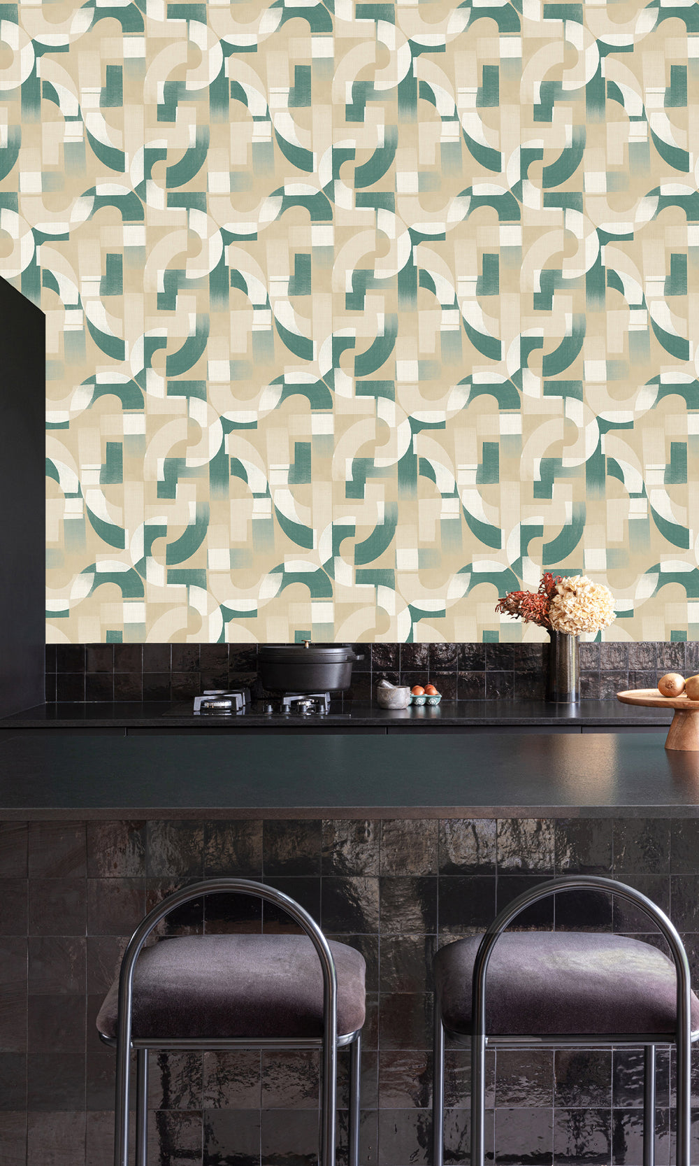 Bone/Viridian Green Geometric Collage Wallpaper R9736