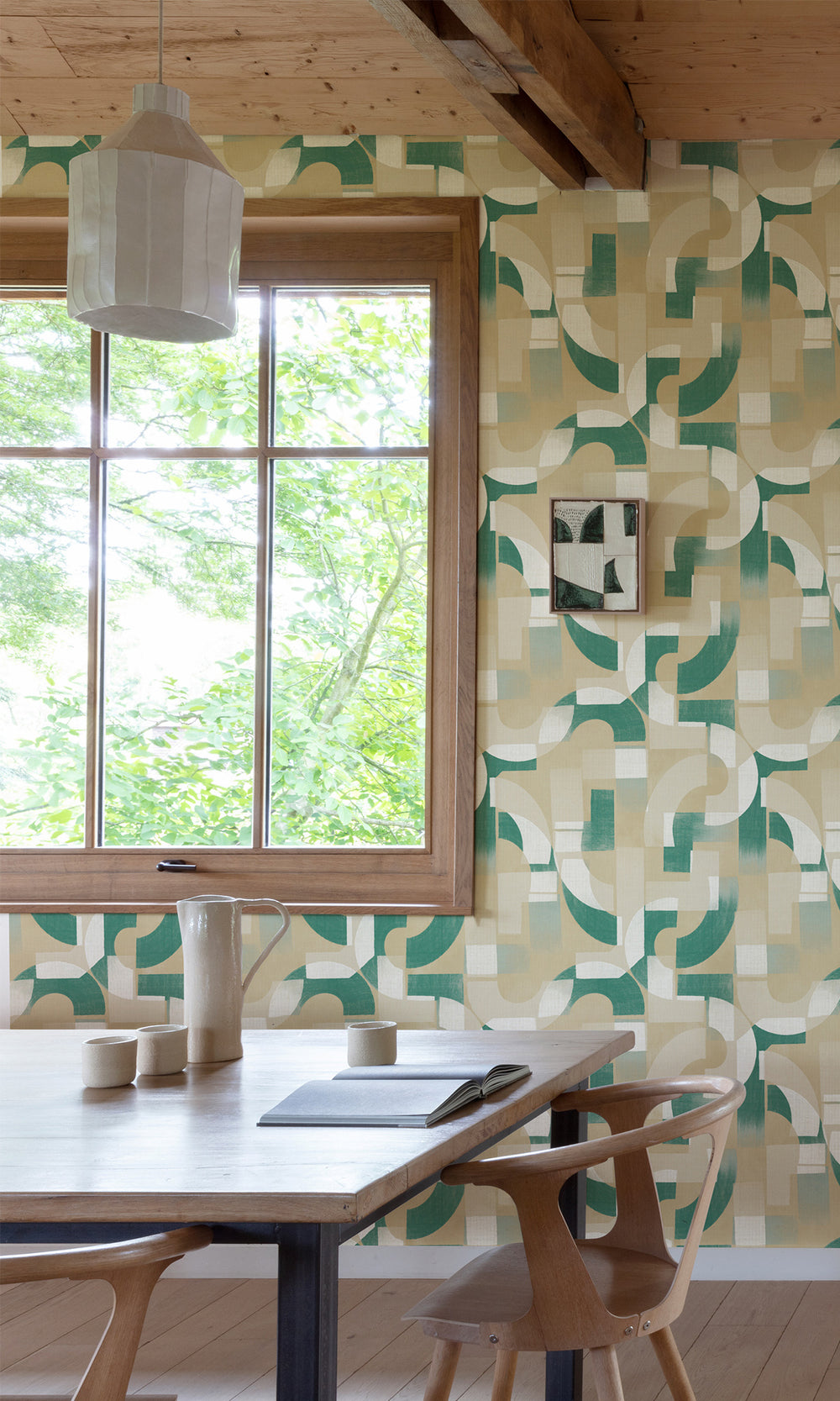 Bone/Viridian Green Geometric Collage Wallpaper R9736